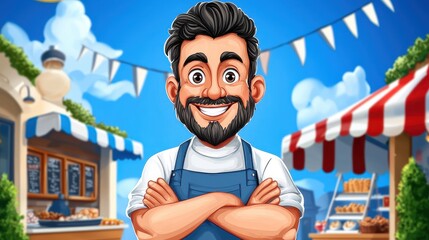 Smiling Bearded Man in Denim Apron at a Colorful Market