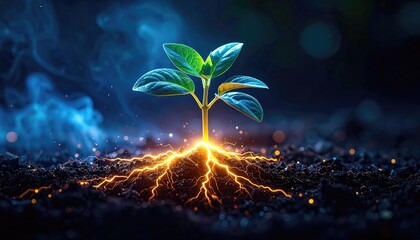 A small plant sprout emerging from soil, bathed in ethereal light with glowing roots and a hazy blue aura against a dark backdrop