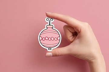 a hand holding a pink ornament against soft pink background