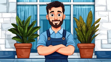 Smiling Bearded Man with Potted Plants in Cartoon Style