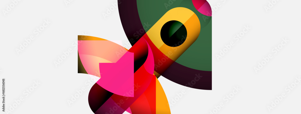 Poster abstract shapes overlap, creating vibrant composition. colors blend, forming dynamic visual experien