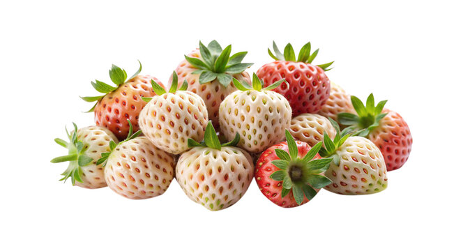 A pile of vibrant and unique pineberry strawberries with green leaves