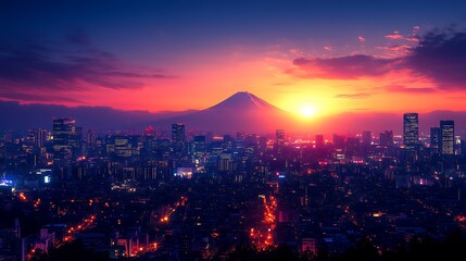 Obraz premium Wide-Angle Metropolis Sunrise/Sunset: Tall Buildings, City Lights & Vivid Sky (Purple/Pink/Red/Orange/Yellow)