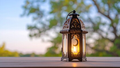 Ornate lantern with a crescent moon cutout sits on wood, glowing warmly against a blurred green and blue background at twilight