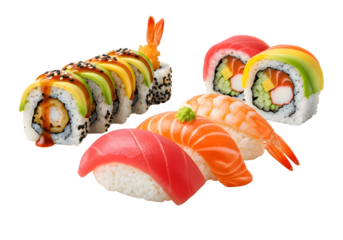 Delicious Sushi Set Featuring Tuna, Salmon, and California Rolls – Japanese Cuisine, Fresh Seafood, High-Resolution Food Collection, Transparent PNG Overlay