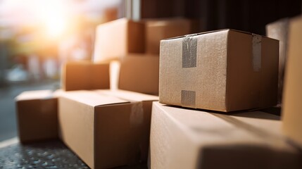 Close-up cardboard packages arranged in lorry for delivery and transportation.