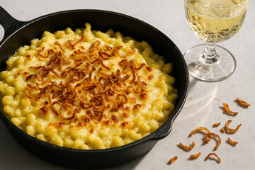 Spaetzle Käsespätzle with Crispy Fried Onions and White Wine Still Life