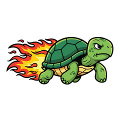 Angry green cartoon turtle mascot rocketing forward with fiery jet propulsion flames.