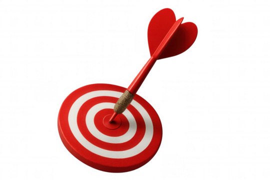 Crimson dart piercing bullseye with heart-shaped flights, symbolizing precise targeting, emotional passion, and goal achievement