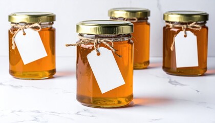 Four jars of amber liquid stand on a white marble surface, each with a blank white tag tied with twine. Lighting is soft and diffused