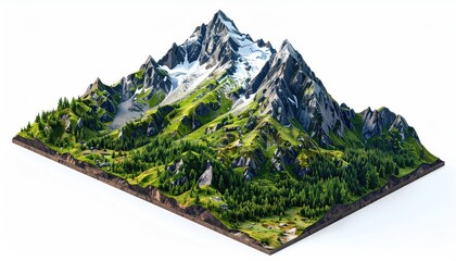 Isometric view of a mountain landscape with snow-capped peak, green meadows, and dense forests on a brown earth base against a clean, white backdrop