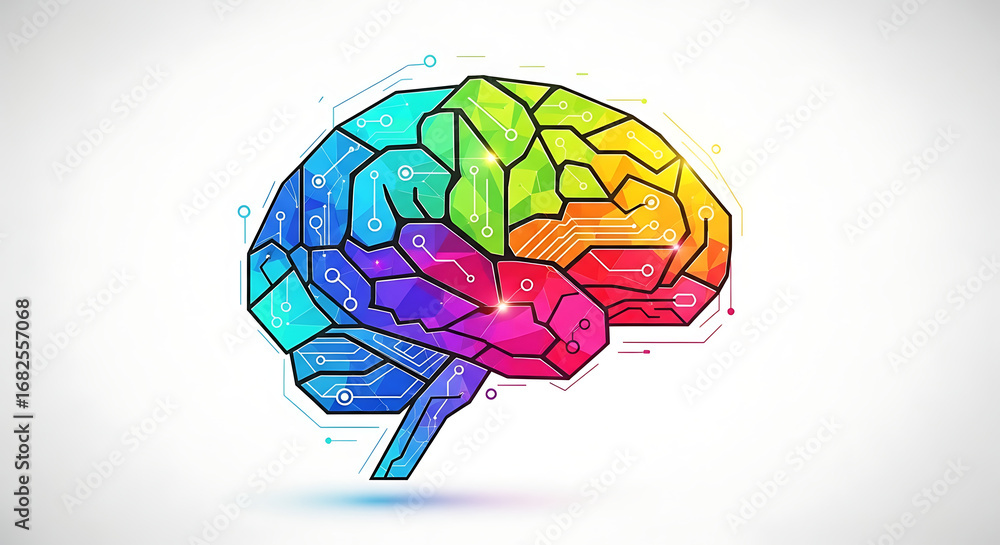 Poster a colorful geometric brain with circuit patterns on a white background in side profile view