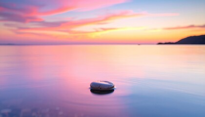 Smooth stone rests in still water reflecting a vibrant pink and orange sunset. Distant land softly blurred in the background