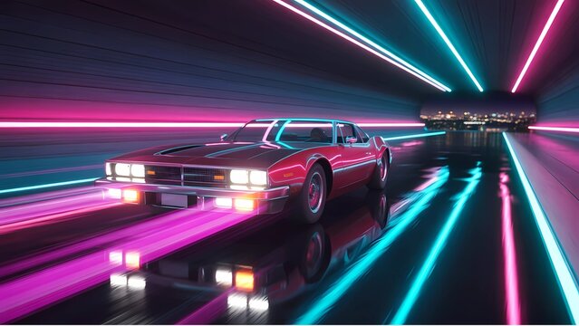 Retro futuristic classic car speeding through a vibrant neon tunnel with streaks of pink and blue light creating a sense of motion and speed