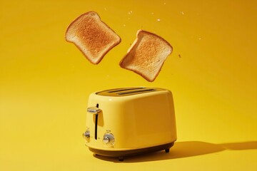 toaster popping up toast slices against vibrant yellow background