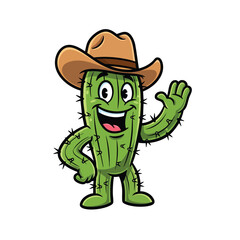 Friendly cartoon cactus character wearing a brown cowboy hat and waving hello.