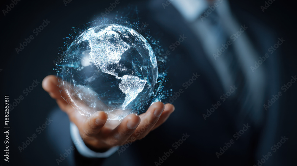 Poster businessman holding glowing digital globe, representing global connectivity and technology. globe is