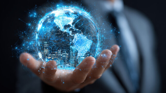 Person suit holds glowing, digital globe representing Earth, with city skyline visible within it. globe is surrounded by blue light and data points, symbolizing technology and global connectivity - Powered by Adobe