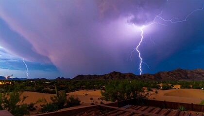 Dramatic lightning storm over desert landscape