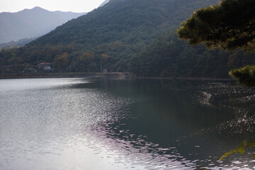 Light shines on a blue lake below a mountain full of trees.