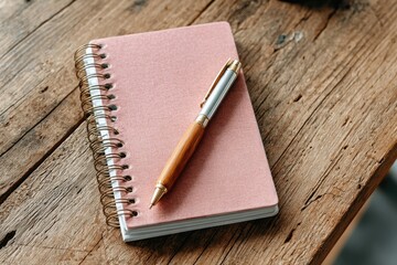 Pink spiral notebook and pen on rustic wood