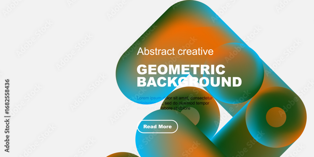 Poster abstract geometric background. orange, teal gradients create dynamic shapes. text promotes further e