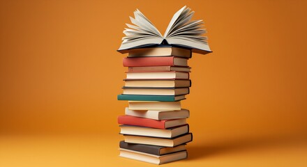 A stack of books with an open book at the top set against an orange background