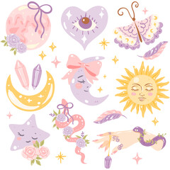 Mystical Pastel Celestial Elements, Sun Moon Stars Crystals Butterfly Witchy Illustration
