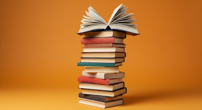 A stack of books with an open book at the top set against an orange background