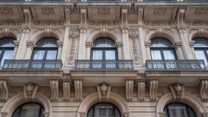 Obraz premium Ornate Building Facade with Arched Windows and Decorative Balconies