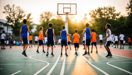 selective focus blur of rear view of kids in mixed uniforms standing on basketball court facing hoop at dusk