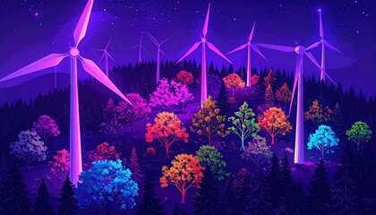 Colorful wind turbines rise above a stylized forest under a starry night sky. Trees exhibit vibrant, unnatural hues. Vector art