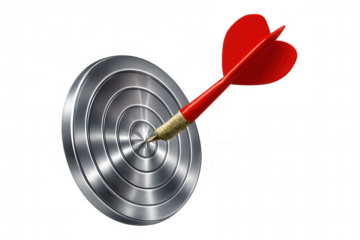 Dart striking bullseye of metallic target, symbolizing precision, business goals, competitive success against clean backdrop