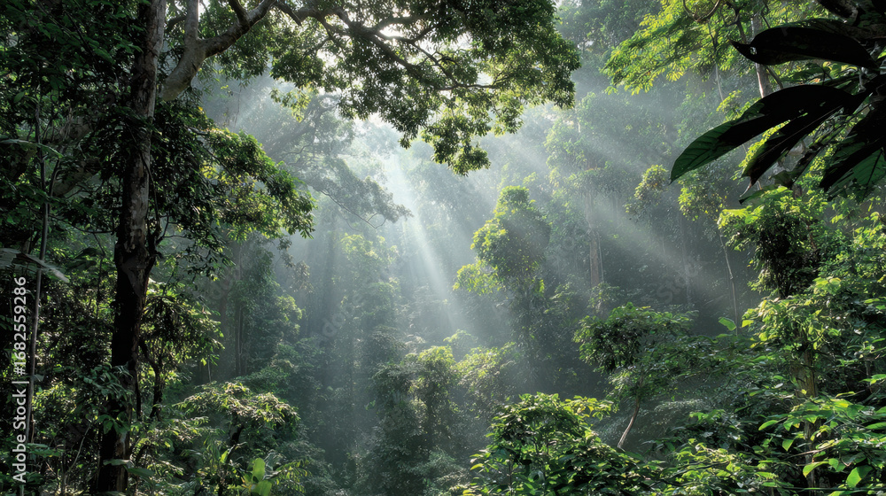 Poster lush green forest with sunlight filtering through trees, creating serene and tranquil atmosphere. vi