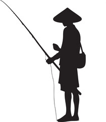 Obraz premium The image shows a black silhouette of a person wearing a conical hat, holding a fishing rod, and carrying a bag, standing against a plain white background.