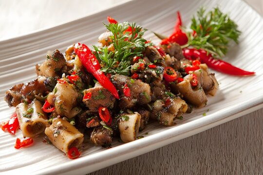 Close-up of spicy fried chitterlings garnished with red chili and herbs on white plate.