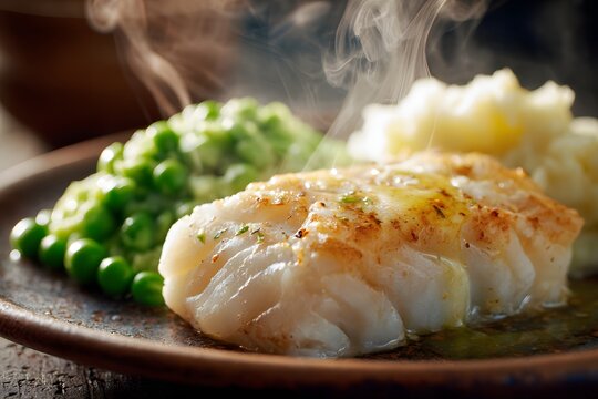 Close-up of hot lutefisk fillet steaming on ceramic plate with mashed peas and potatoes.