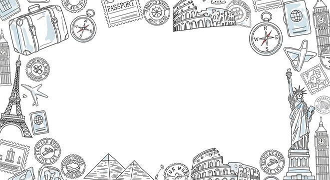 Hand-drawn illustration frame representing a global travel concept with famous world landmarks and vacation icons