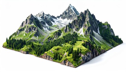 Isometric view showcasing majestic mountain range with snowy peaks, lush green valleys, dense pine forests, on a white background with realistic lighting