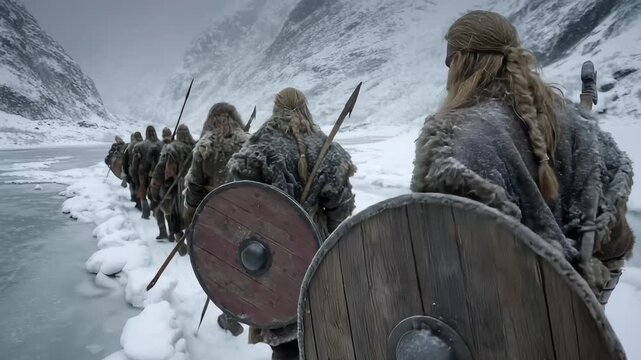 Vikings march across frozen river in snowy mountains winter warriors ancient warriors, 4k video footage