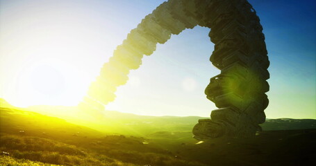 Obraz premium An alien ship, shaped like a massive arc, hovers above a serene landscape as the sun sets. Its glowing presence merges with the fading daylight, creating an otherworldly atmosphere in the sky.