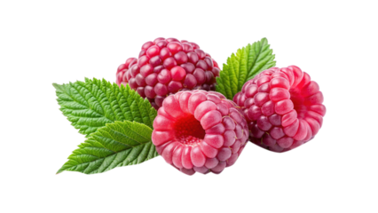 Close up of three fresh, ripe raspberries with leaves on white background