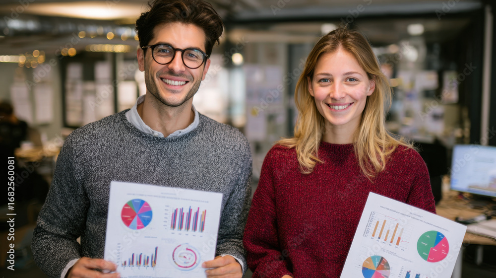 Poster two professionals smile while holding printed reports with colorful graphs and charts in modern offi