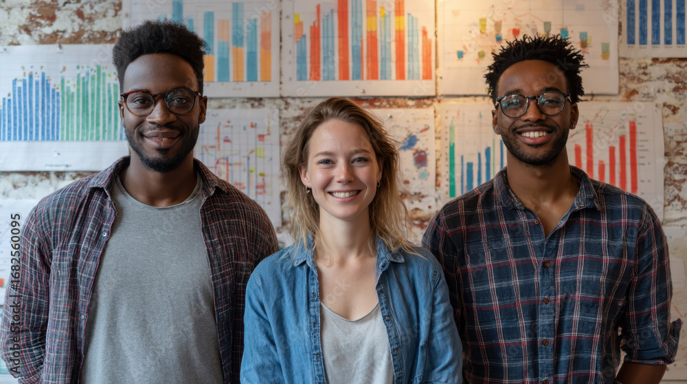 Poster professional group portrait of three individuals smiling in front of colorful charts and graphs. atm