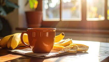 Warm light illuminates a cup and sliced bananas on a wooden surface, with a window and plant in the background, suggesting a peaceful morning setting