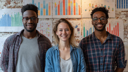 Professional group portrait of three individuals smiling in front of colorful charts and graphs. atmosphere is friendly and collaborative, showcasing teamwork and diversity in modern workspace