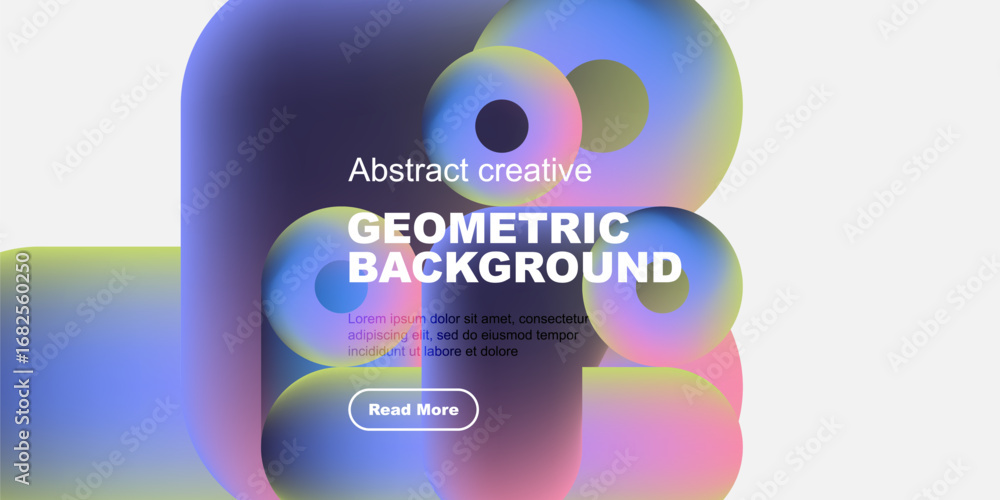 Poster abstract colorful shapes overlap, creating dynamic geometric background. text promotes content with 