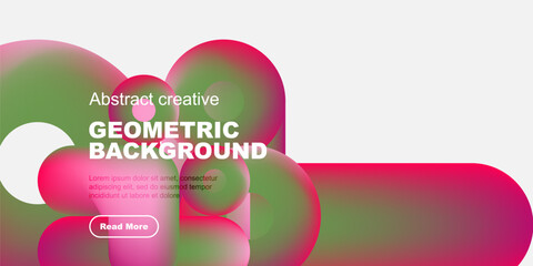 Vibrant abstract shapes overlap, creating dynamic geometric background. Text block includes sample content, button present.