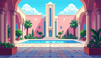 Obraz premium A sunny courtyard with a pool, surrounded by pink arches, columns, plants and a building with tall narrow windows, all under a blue sky