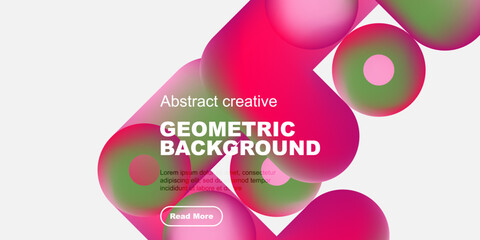 Fototapeta premium Vibrant geometric shapes overlap white space. Pink, green hues dominate design. Text promotes creative background concept. Button invites further exploration.